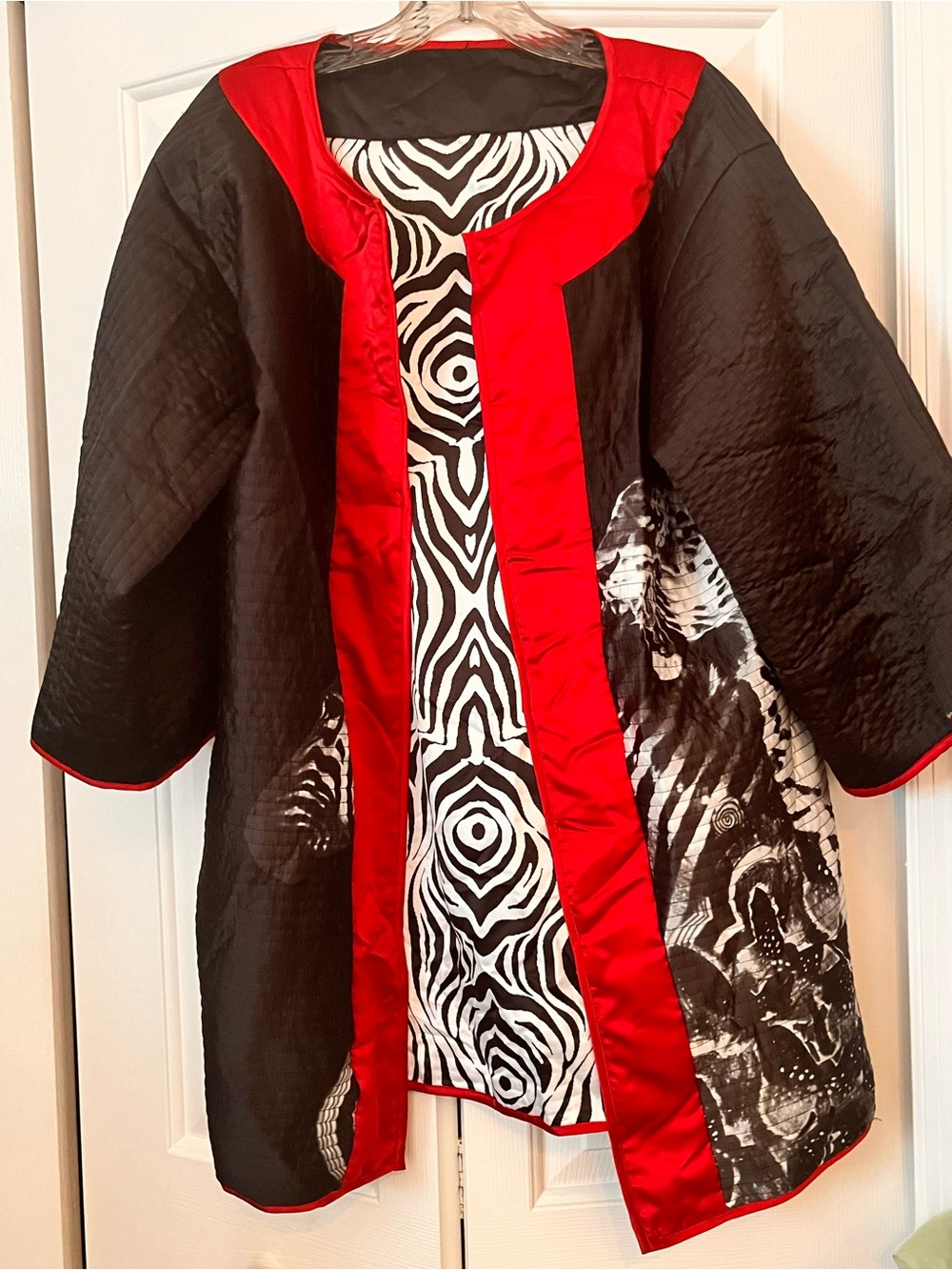 Vintage Designer Black and Red Women's Reversible Jacket with Zebra-Print Lining
